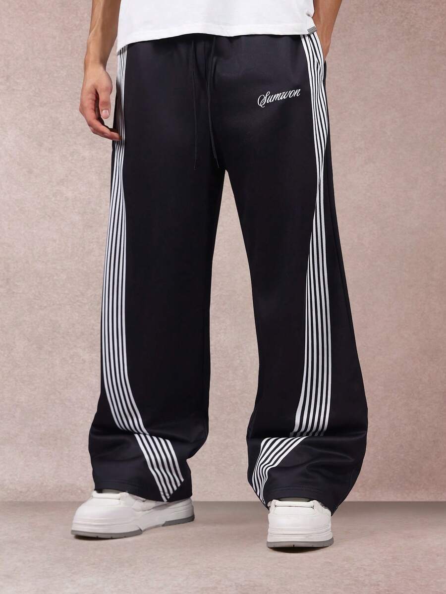 SUMWON Men Wide Leg Track Pants Side Stripe Print Casual Bottoms Drawstring Waist Soft Comfortable Streetwear Relaxed Loungewear Versatile Fall Winter - Black - View 1