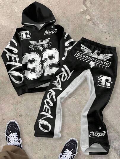 SHEIN Bolty 2pcs Boys Graphic Hoodie And Sweatpants Set - "Beyond Limits 32" Bold Eagle Streetwear | Motivational Fall Winter Outfit For Teens Tween, Casual Loose Fit Crew Neck Long Sleeve And Pants Set Suitable For Autumn/Winter Boy Jersey Outfits Kids Jogger Sets Teen Boy Two Piece Set Tween Street Wear Set 2 Piece For 8y3ars Old Boy