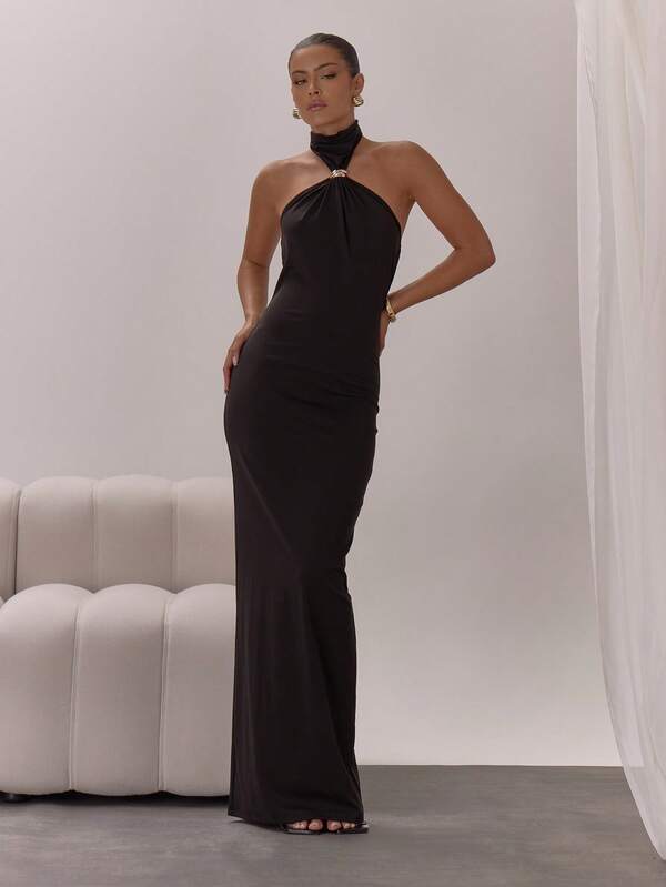 MUSERA Vestido maxi ajustado con detalle de cuello alto, elegante y sexy para salir de noche, ocasiones de otoño, invitada de boda, vacaciones, con capas para invierno, fiesta de Navidad