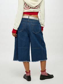 SUMWON WOMEN Wide Leg Baggy Denim Jorts With Raw Edge Hem Detail Casual Cutoff Bermuda Culottes Street Style Y2K Fashion Loose Fit Knee Length Relaxed Bottoms - Blue - View 1