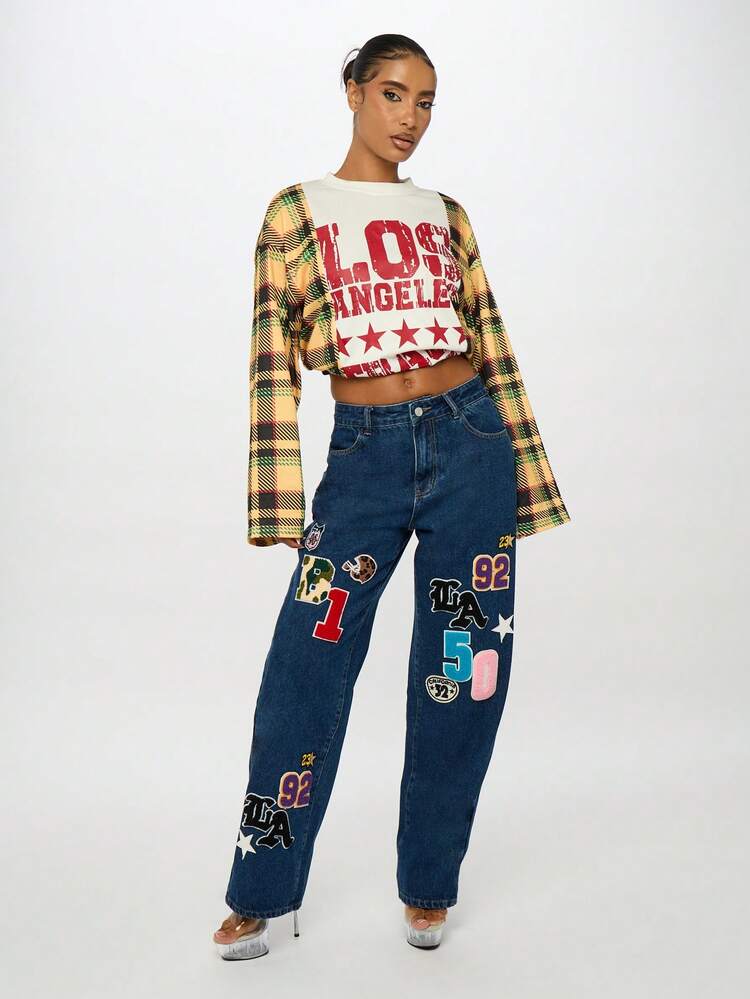 SUMWON WOMEN Wide Leg Denim Jeans With Patch Badges And Letter Details