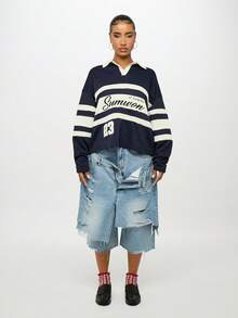 SUMWON WOMEN 超大号大学运动服长袖 Polo 橄榄球上衣，带有运动白色条纹印花和经典撞色领子，秋冬街头时尚必备单品 - 藏蓝色 - 查看 1