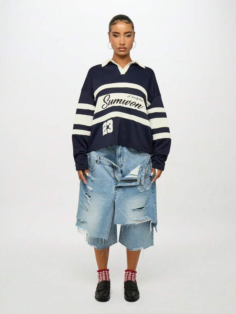 SUMWON WOMEN Oversized Varsity Rugby Polo With Contrast Collar And Stripes