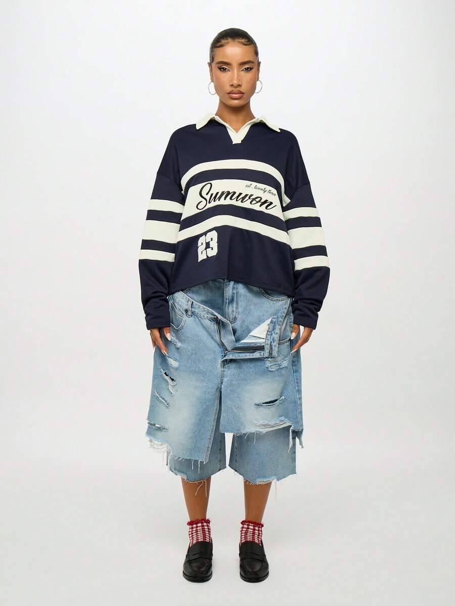 SUMWON WOMEN 超大号大学运动服长袖 Polo 橄榄球上衣，带有运动白色条纹印花和经典撞色领子，秋冬街头时尚必备单品 - 藏蓝色 - 查看 1