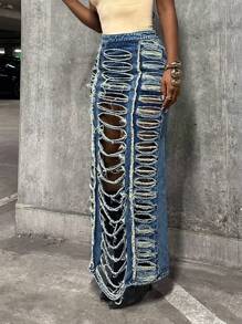 StreetHx Váy mini denim xẻ cao phong cách đường phố gợi cảm - Rửa trung bình - Xem 5