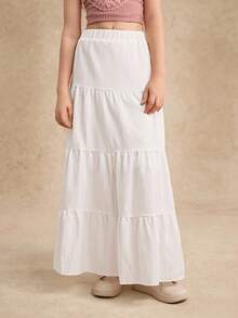 Elegant Choice For Girls: White Pleated Woven Skirt, Unique Texture, Delicate Details, Flowing Ruffles, Showcasing Sweet Elegant, Perfect For Outings Fall Winter - White - View 4