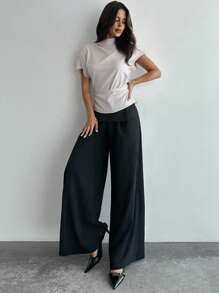 Firerie Pantalones envolventes negros sencillos y elegantes para mujer, de uso casual y para la oficina, de pierna ancha y suelta, adecuados para verano y otoño, con decoración de hebilla metálica en la cintura, para aeropuerto, vacaciones, profesora