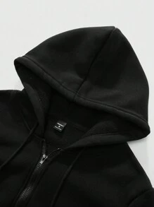 Manfinity EMRG Men Zip Up Drawstring Thermal Lined Hoodie Without Tee, Plain, Long Sleeve, Zipper Hoodie, Casual, Boyfriend Gift, Fall/Winter - Black - View 4