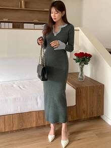 DAZY 女式复古时尚修身长袖撞色纽扣半开襟针织连衣裙女式毛衣裙 - 灰色 - 查看 3