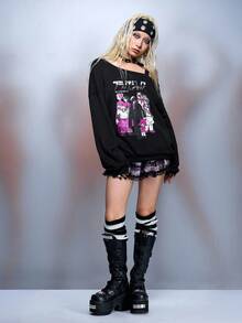 Black Jack X ROMWE Women's Casual Portrait Pattern Oblique Shoulder Loose Sweatshirt, Autumn - Black - View 6