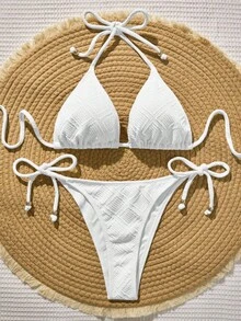 Swim Vcay 适合海滩度假的纯色纹理比基尼 - 白色 - 查看 3