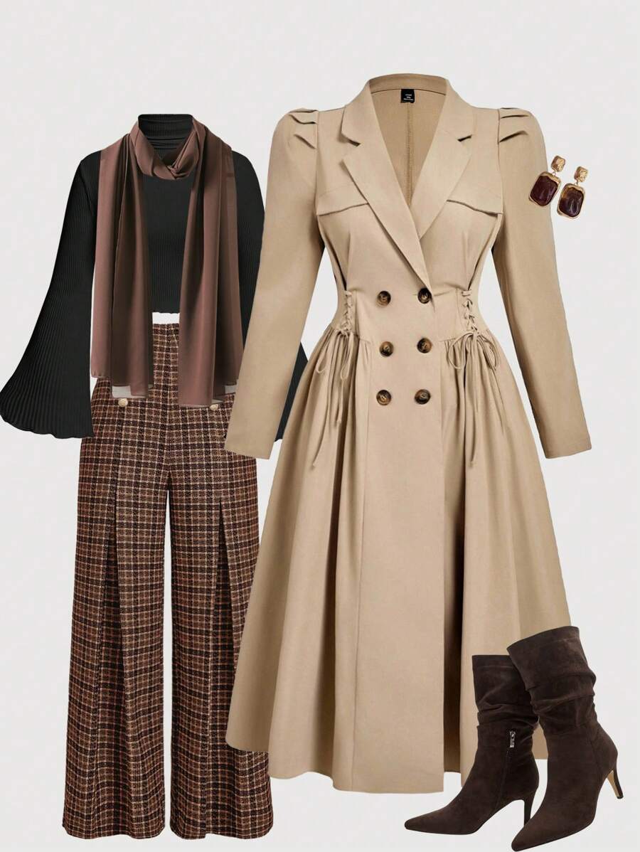 SHEIN MOD Autumn New Arrival, Plus Size Khaki Cinched Waist Puff Sleeve Midi Length Women Trench Coat, Khaki,Fall Outfits,Trench Women Coat,Winter Women Coat,Winter Coat,Fall Coat,Autumn Coat