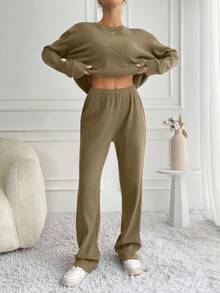 SHEIN Tall Women's Solid Color Round Neck Long Sleeve Loose Top And Pants 2 Pieces Set, Tall Women - Beige - View 5