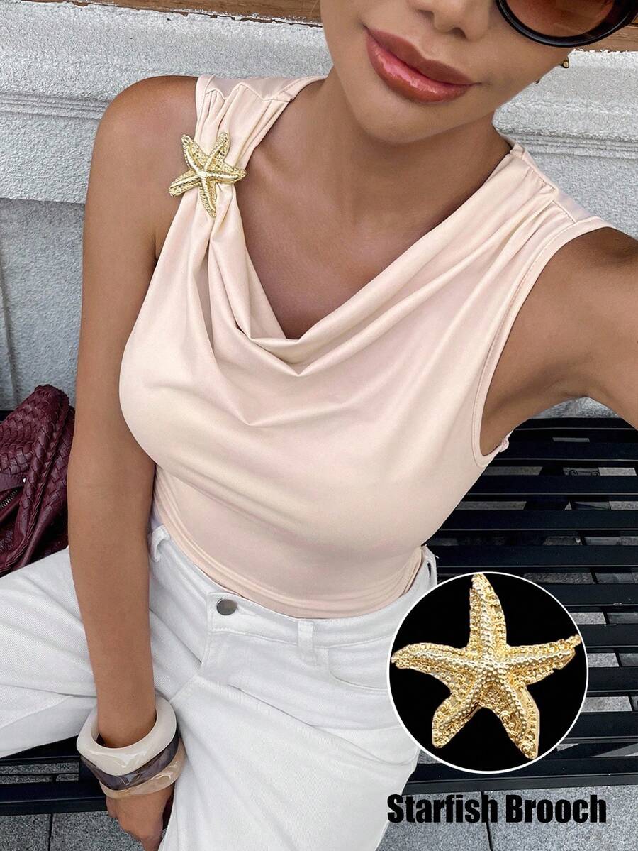 Pariaura Women's Apricot Pink High Elastic Knitted Fabric Sleeveless Tight Slimming Sexy Party Vacation Travel Date Starfish Metal Button Outer Wear Bottoming Women's Top Beach Cruise Music Festival Boho Draped Collar Swing Collar Casual Street College Old Money Style Cool 2025 New Spring/Summer/Autumn/Winter Tank Tops