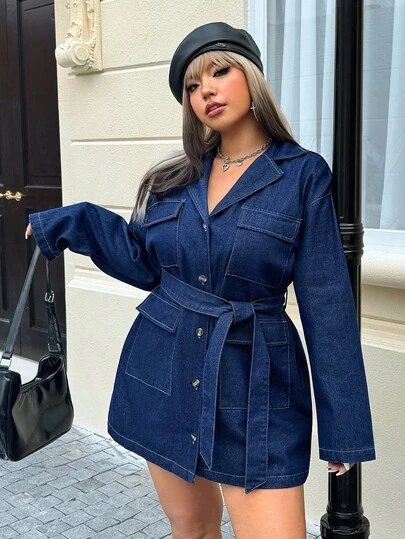 SHEIN CURVE+ 大码女式长袖单排扣多口袋休闲牛仔连衣裙