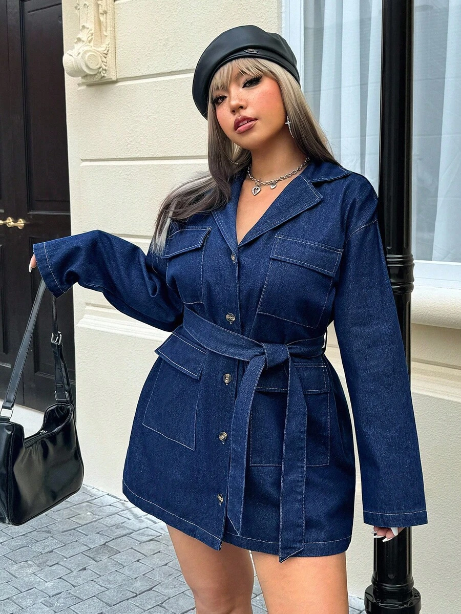 Jeanoix Plus Size Fashion Front Button Belt Denim Dress - Dark Wash - View 1