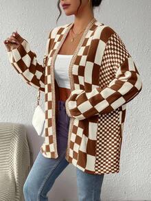 EMERY ROSE Damen Lässige Mode Schachbrettmuster Locker Strickjacke, Herbst/Winter - Khaki - Übersicht 6