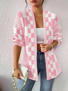 EMERY ROSE Minimalist Comfortable Checkered Cardigan, Spring/Autumn Fall Winter Cloth For Women - Baby Pink - View 3