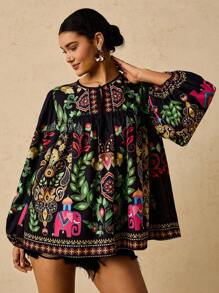 Travachic Camicetta a maniche lunghe con scollo tondo, laccetti e motivo tropicale e retrò, taglie comode per donna - Multicolore - Visualizzare 6