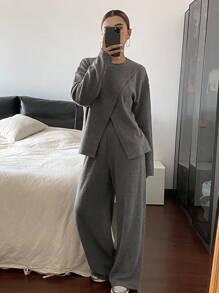 Livesso 女士休闲宽松圆领上衣和阔腿裤两件套 - 灰色 - 查看 1