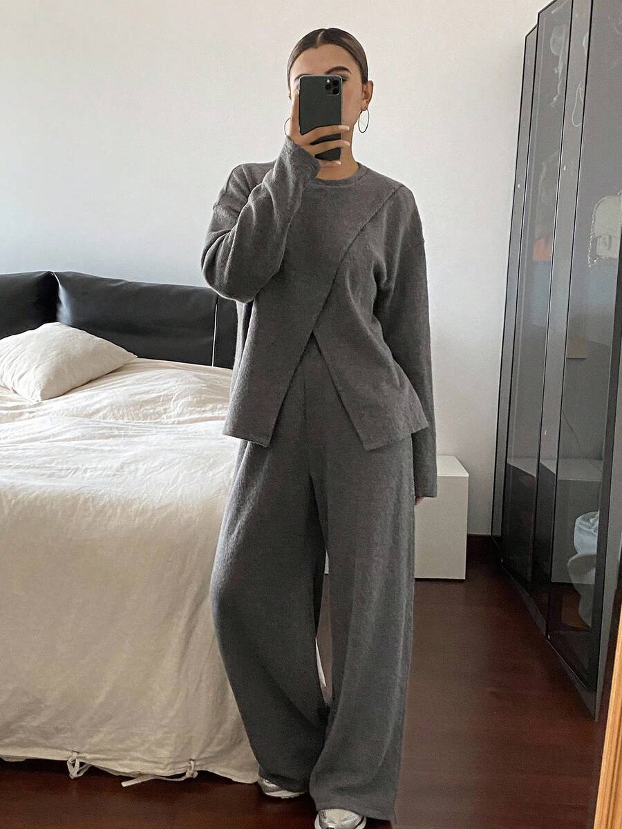 Livesso 女士休闲宽松圆领上衣和阔腿裤两件套 - 灰色 - 查看 1