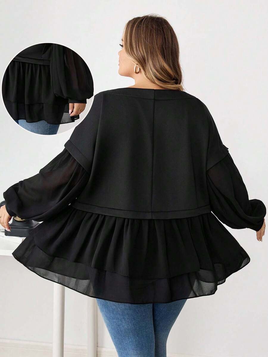 SHEIN CURVE+ Plus-Size Mesh Splicing Style Black Doll-Style Sweater With A Flared Hem Winter Fall Autumn/Autumn /Winter - Black - View 1