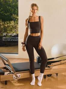 GLOWMODE 26英寸FeatherFit™罗纹无前缝侧袋高腰紧身裤低冲击瑜伽普拉提工作室日常休闲装 - 巧克力棕 - 查看 4