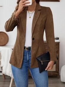 EMERY ROSE Women's Solid Color Lapel NeckLong Sleeve Single-Button Casual Blazer, Autumn,Fall - Brown - View 6