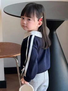 DAZY Baby Girl Contrast Color Collar Korean Style Bow Long Sleeve Sweatshirt Fall, Winter Toddler Girls Clothes - Navy Blue - View 2