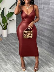 Slaydiva Summer New Style Elegant Sexy Strapless Back Cross Design Backless Waist Slim Midi Skirt Black PU Women's Dress