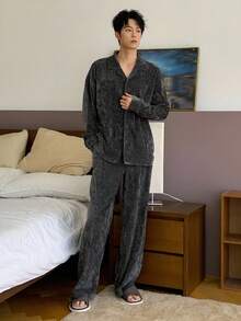 DAZY Men's Solid Color Corduroy Fabric Gray Shirt And Pants Loungewear Set, Autumn, Fall Clothes Pajama