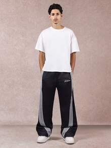 SUMWON Men Wide Leg Track Pants Side Stripe Print Casual Bottoms Drawstring Waist Soft Comfortable Streetwear Relaxed Loungewear Versatile Fall Winter - Black - View 3