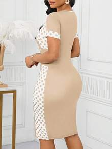 SHEIN Lady 女式波尔卡圆点印花圆领短袖修身中长款夏季优雅连衣裙 - 淡黃色 - 查看 2