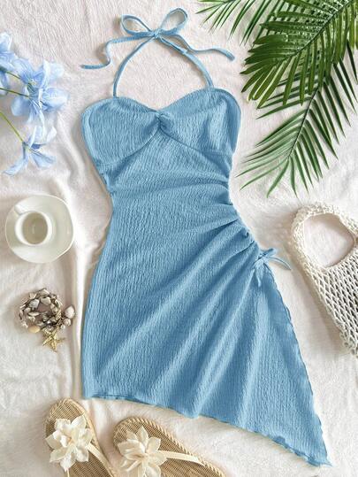 Tween Girl Vacation Mini Dress Holiday Halter Neck Drawstring Texture Fabric Asymmetrical Hem Dress, Summer Dresses, Pastel Solid Mint Dresses Sky Blue Dress Baby Blue Dress Halter Dress Vacation Dress Light Blue Summer Dress