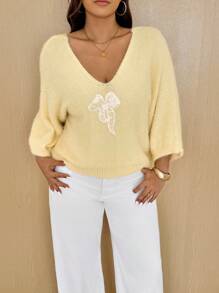 Vionelle 大码女式宽松V领仿皮草针织毛衣，休闲，秋冬 - 黃色 - 查看 3