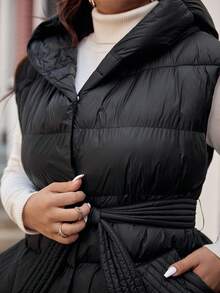 Vionelle 加大码女式连帽大口袋背心夹克长款秋冬时尚保暖外套配腰带冬季秋季羽绒背心 - 黑色 - 查看 6