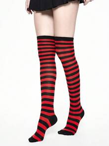 ROMWE Grunge Punk 1 Pair Gothic Style Red & Black Striped Thigh High Socks - Multicolor - View 2