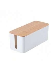 SHEIN 1 pieza Caja de almacenamiento de cables de datos de plástico con tapa de madera, caja organizadora de cables para ocultar cables, caja de almacenamiento de regletas, adecuada para dormitorio, baño, escritorio, sala de estar, oficina, estudio