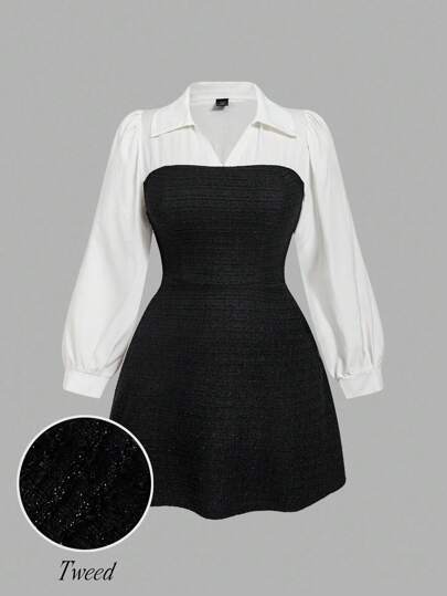 SHEIN MOD Plus Size Color Block Splice Elegant Commuter Casual Business Dress,Autumn Dresses, Color Block Dresses, Tweed Dresses, Shirt Dresses, Party, College