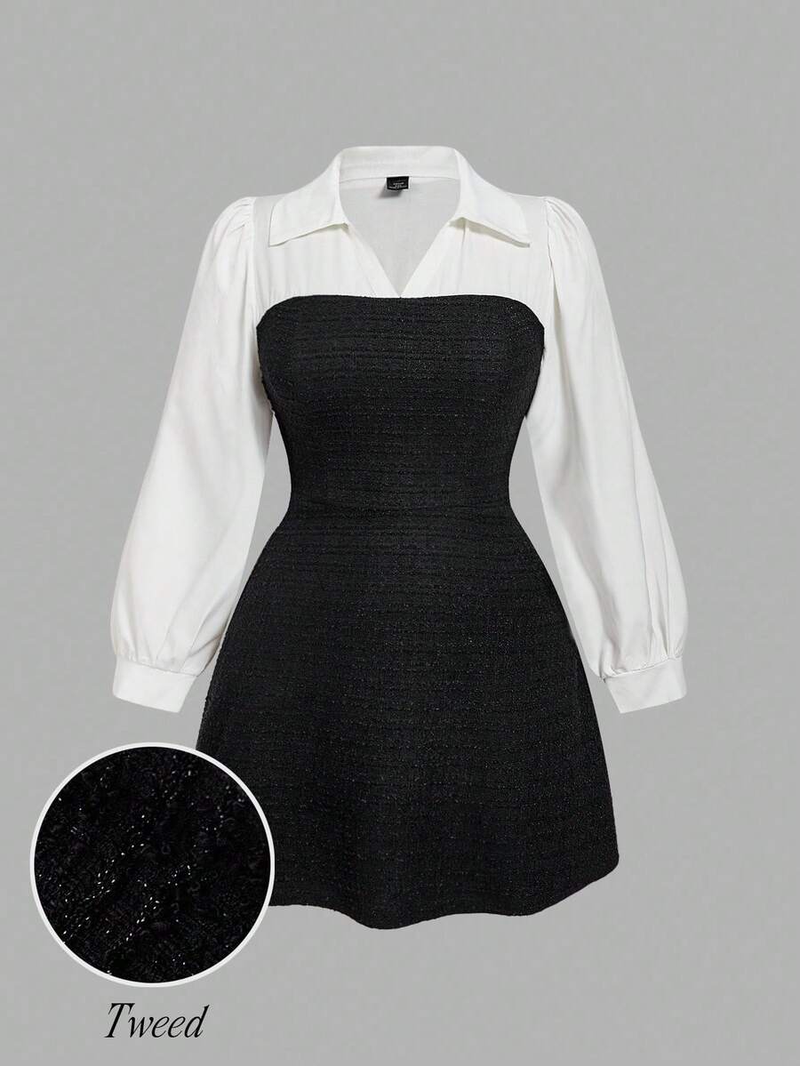 SHEIN MOD 大码拼色拼接优雅通勤休闲商务连衣裙