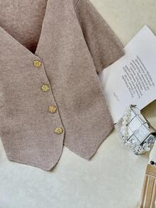 Modelyn Plus Size Solid Color V-Neck Button Front Casual Versatile Short Sleeve Sweater In Fall/Winter