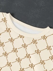 SHEIN 女式休闲全身印花宽松圆领运动衫，秋季 - 卡其色 - 查看 3