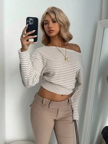 Aloruh 新款时尚不对称肩部休闲条纹长袖T恤，不对称肩部设计，上衣宽松，下装紧身，显瘦，杏色 - 杏色 - 查看 5