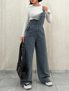 EURMUSE Casual Versatile Button Pocket Wide Leg Bib Overall For Women Jean Jumpsuit Jean Overalls Denim Jumpsuit - Medium Wash - View 5