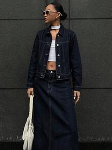 DAZY Women's Casual Washed Denim Jacket And Mini Skirt Set, Autumn