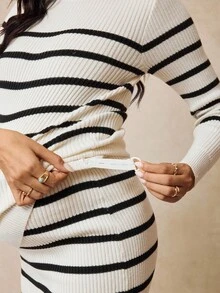 SHEIN 孕妇条纹圆领长袖修身休闲毛衣套装 - 杏色 - 查看 8