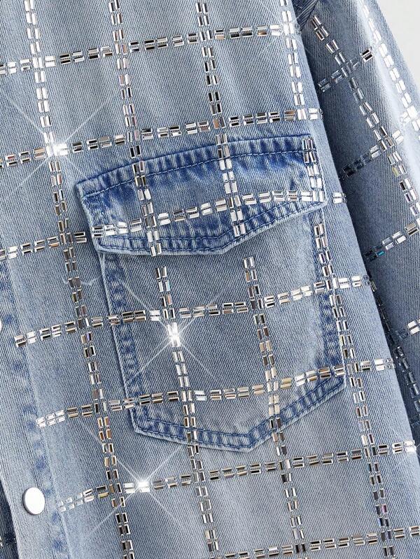 ROMWE Street Life Men's Rhinestone Decor Avant Long Sleeve Single-Breasted Denim Jacket