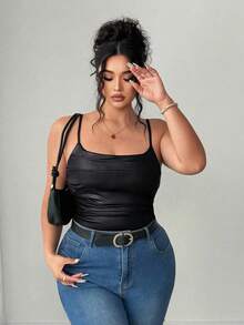 Flirla 大码女式性感简约高弹力 PU 皮革吊带背心，安哥拉红，性感细肩带背心 - 黑色 - 查看 5