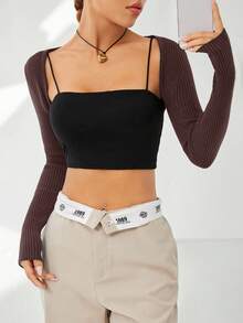 Comfortcana Spring Solid Crop Cardigan Without Cami Black Top In Fall/Winter,Brown Sweater - Coffee Brown - View 4