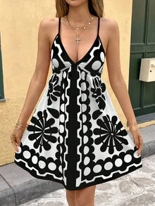 Breezaya 时尚度假风格细肩带 V 领圆点印花束腰连衣裙 - 黑與白 - 查看 6